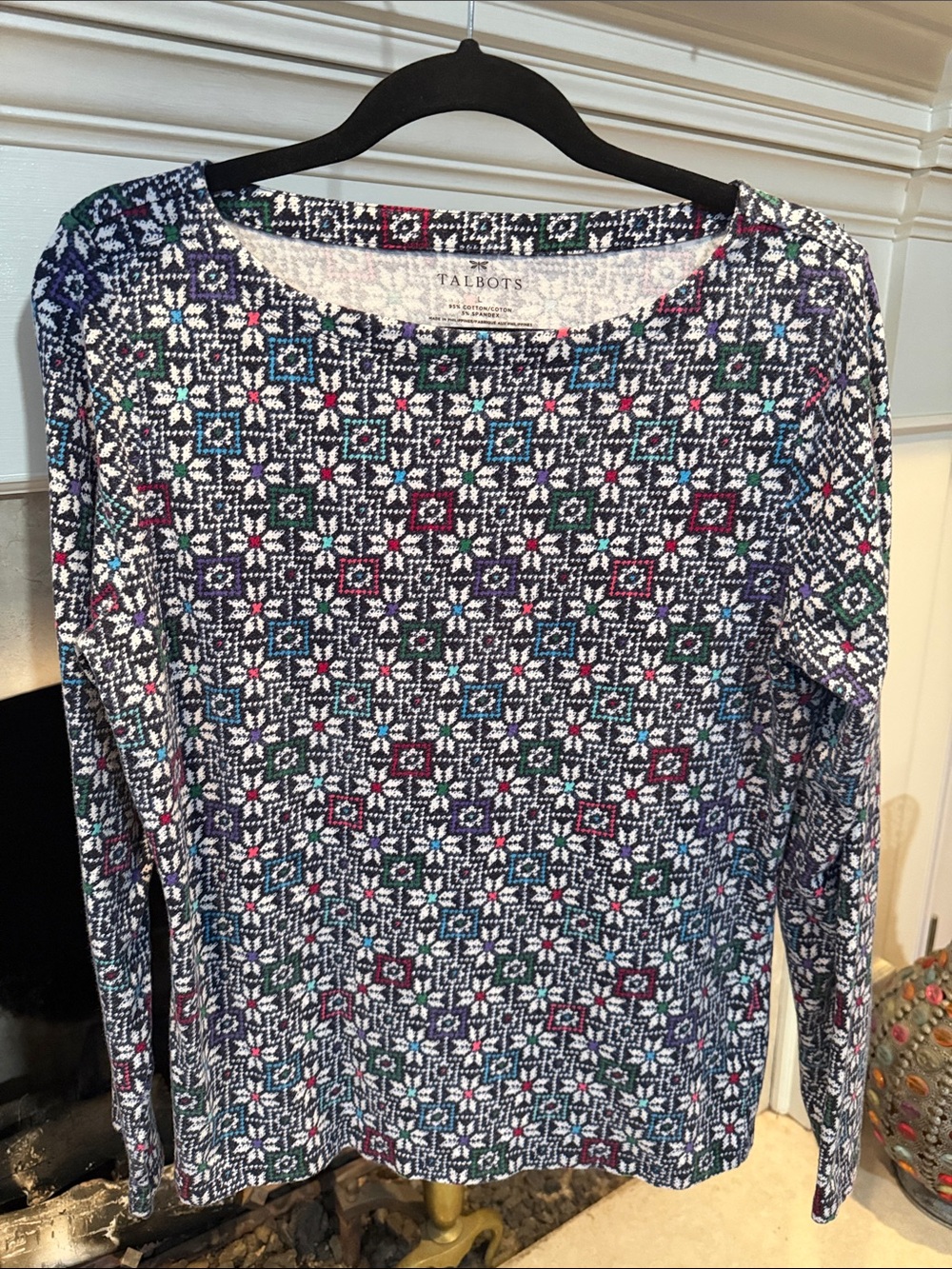 Talbots Navy Multi Geometric Long-Sleeve Crewneck Top size large